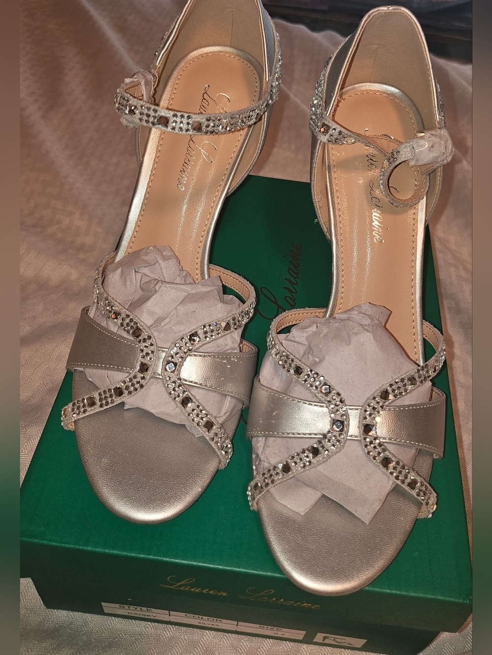 Lauren Lorraine Silver Rhinestone Strappy Heeled Sandals Daisey